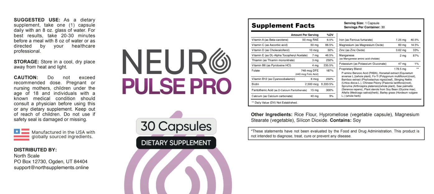 Full Neuro Pulse Pro label: suggested use, storage, caution, Supplement Facts, other ingredients and distributor